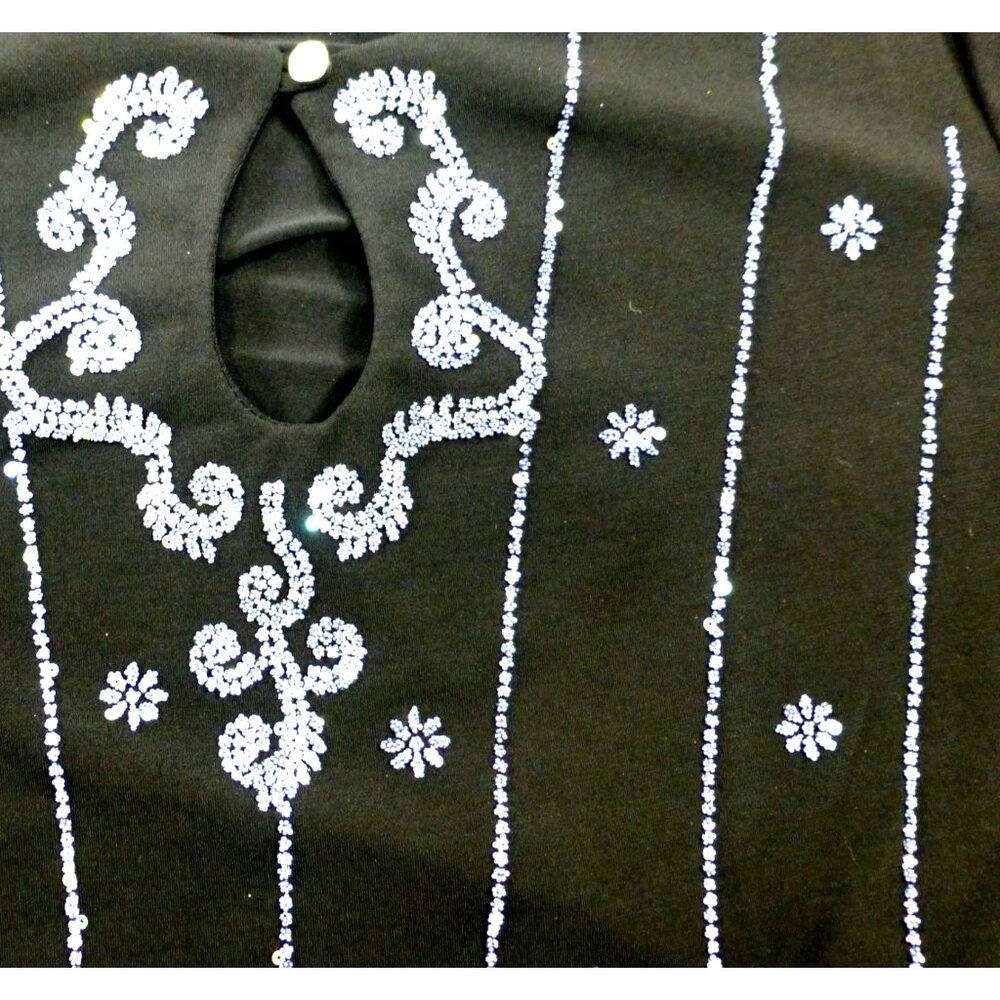 Another Thyme Black & Blue Beaded 3/4 Sleeve Top Scalloped Hem Size 2X USA Made - Picture 3 of 12
